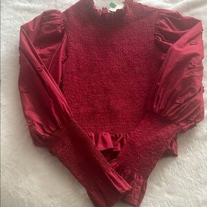 Red Smocked Long Sleeve Top